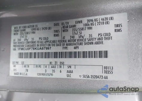 2019 Ford Escape S from USA, damaged, VIN 1FMCU0F78KUA87997